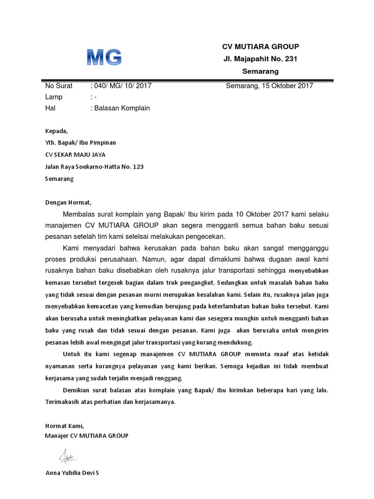 Surat Balasan Komplain