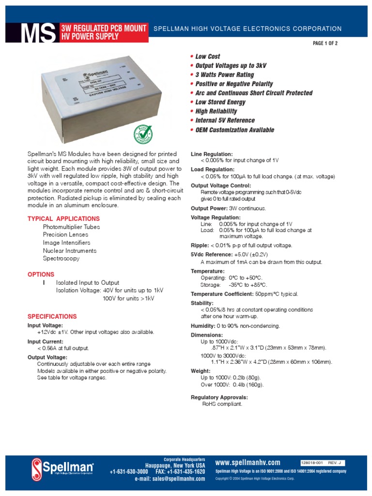 Spellman MS Series Datasheet | PDF | Power Supply | Electrical Engineering