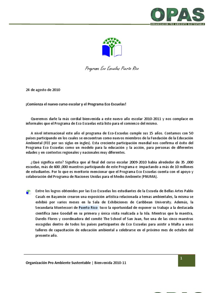 Carta Bienvenida 201011 Eco Escuela  Puerto Rico  Educación avanzada