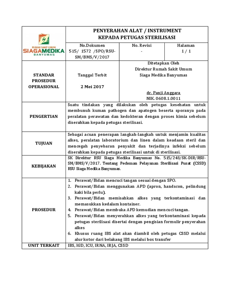 Spo Penyerahan Alat Ke CSSD Ok | PDF