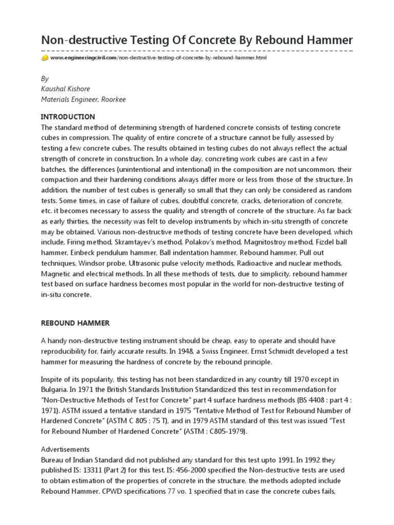 Non-Destructive Testing of Concrete by Rebound Hammer | PDF ...