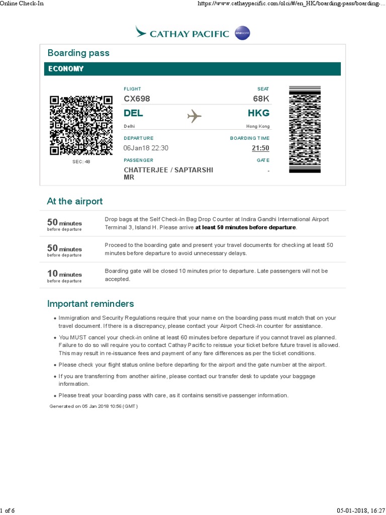 Cathay Pacific Flight CX698 Boarding Pass | PDF | Airport | Aviation