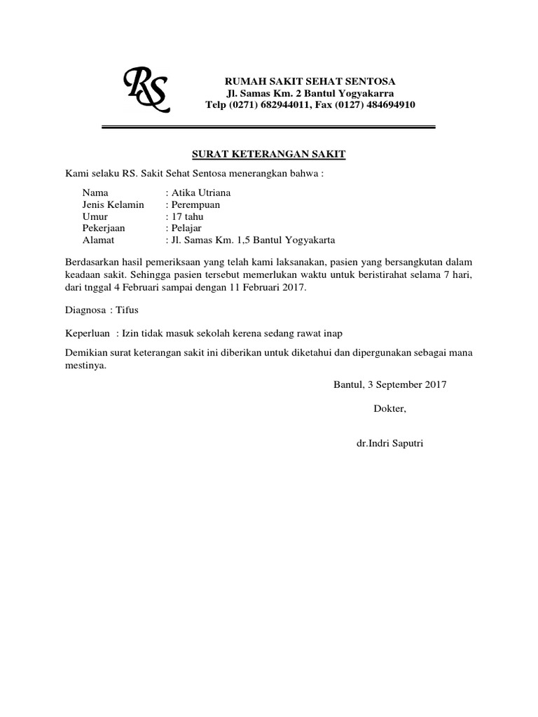 Sep 12 2019 Contoh surat keterangan sakit.