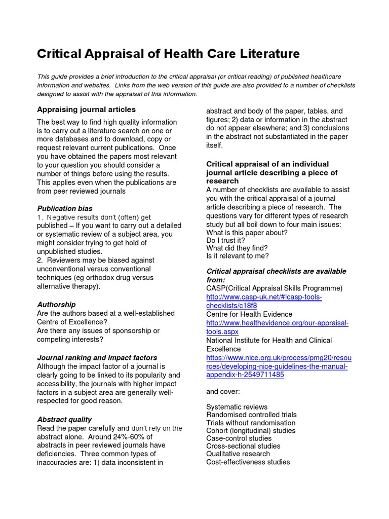 Critical Appraisal of Healthcare Literature Guide | PDF | Clinical ...