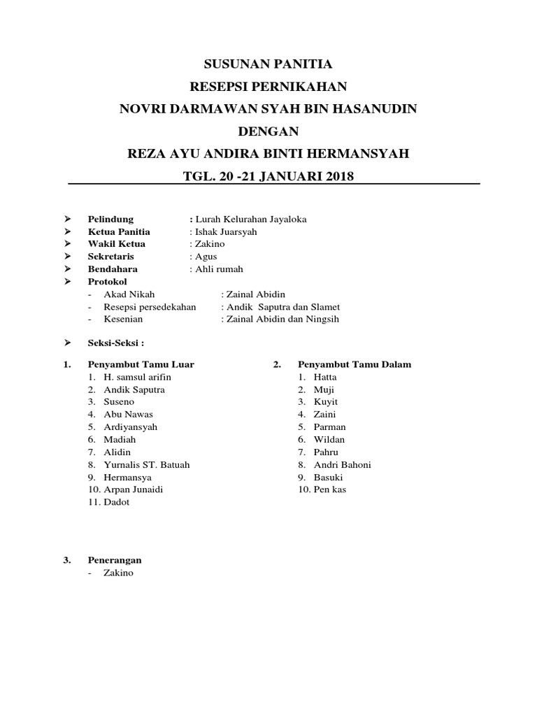 Susunan Panitia Resepsi Pernikahan 2018 | PDF