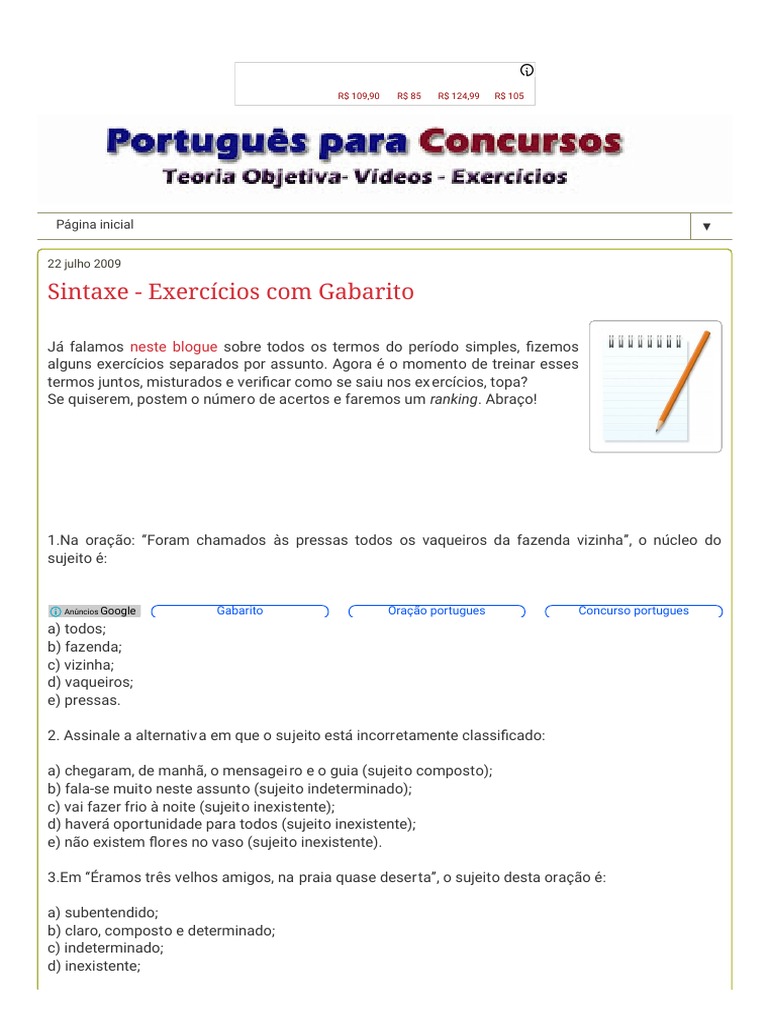 Exercícios de Sintaxe com Gabarito | PDF | Assunto (gramática) | Estilo ...
