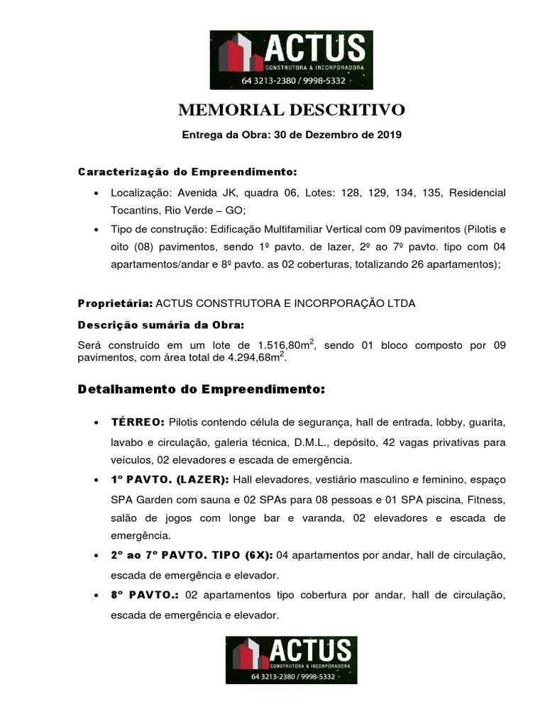 Memorial Descritivo - Edifício Multifamiliar | PDF | Projeto ...