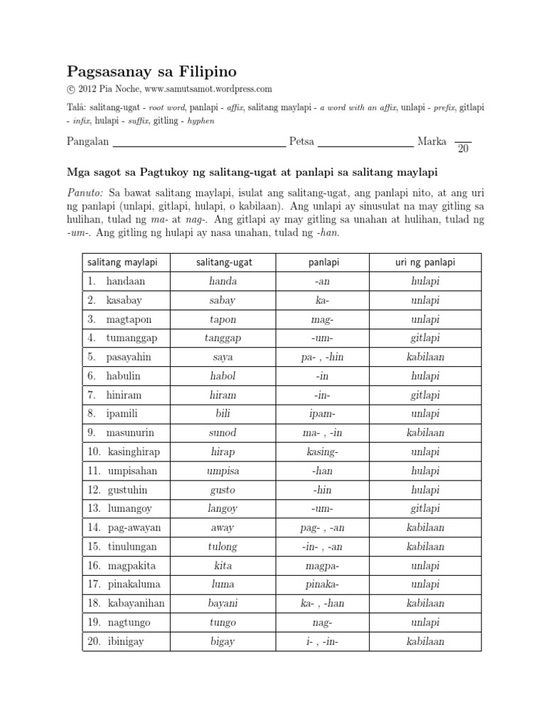 Mga Sagot Sa Salitang Maylapi 1