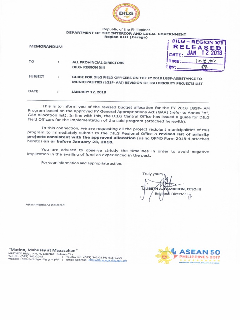 Memo For LGSF-AM 2018 Revision of LGU Priority Projects | PDF