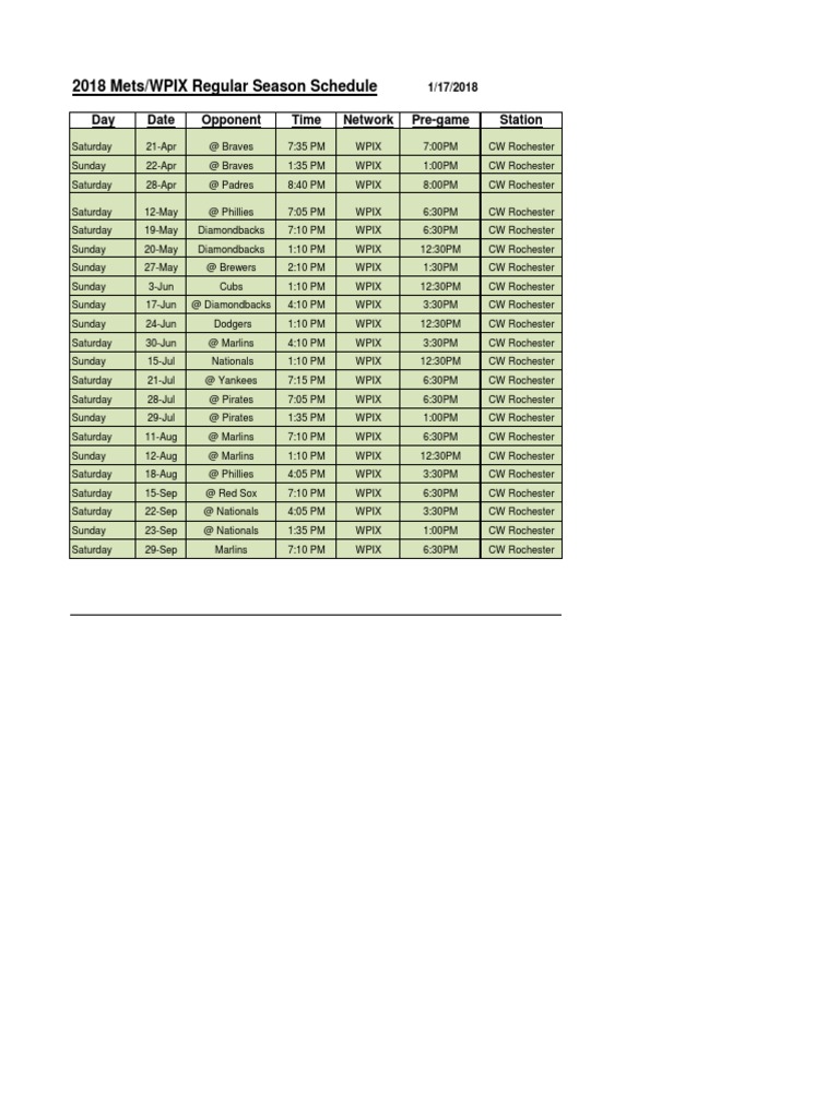 2018 Mets Wpix Regular Season Schedule