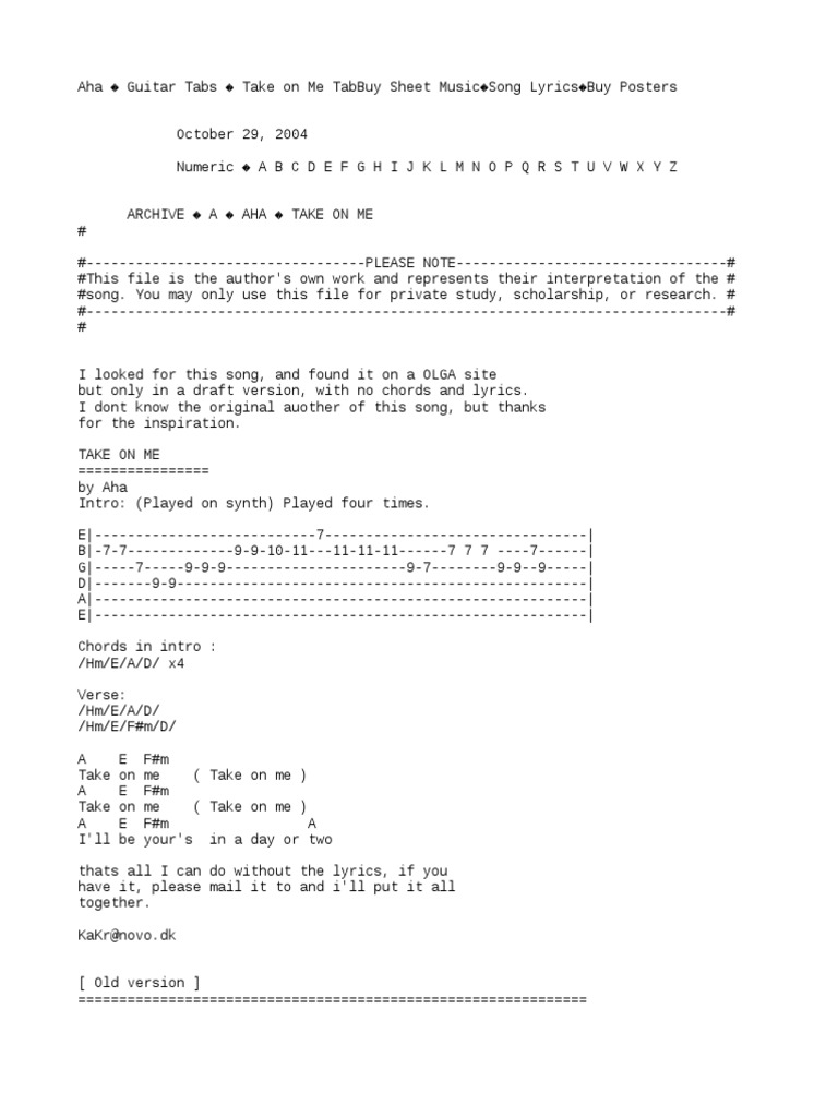 Aha U Guitar Tabs U Take On Me Tab Song Structure Songs