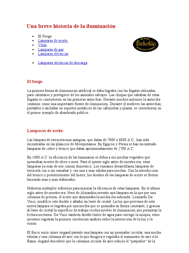 Historia de la Iluminación Artificial | PDF | Luz de la calle | Lámpara ...