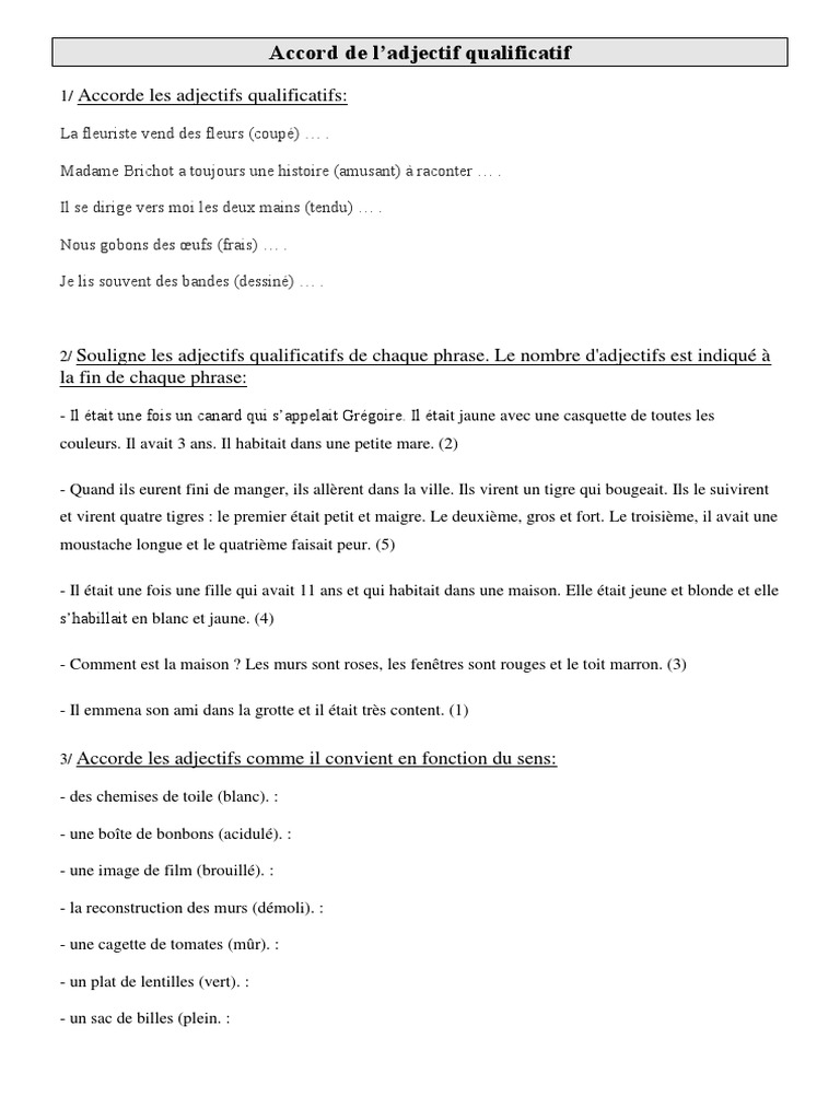 L accord De L adjectif Qualificatif Exercices Pdf Ce2 Exercices Dorthographe Cm2 Cycle 3 Accord de L'adjectif Qualificatif | PDF  | Loisirs