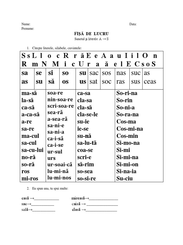 Fise De Citit Clasa Pregatitoare Litere De Tipar Sunetul Si Literele S Si S 4 | PDF