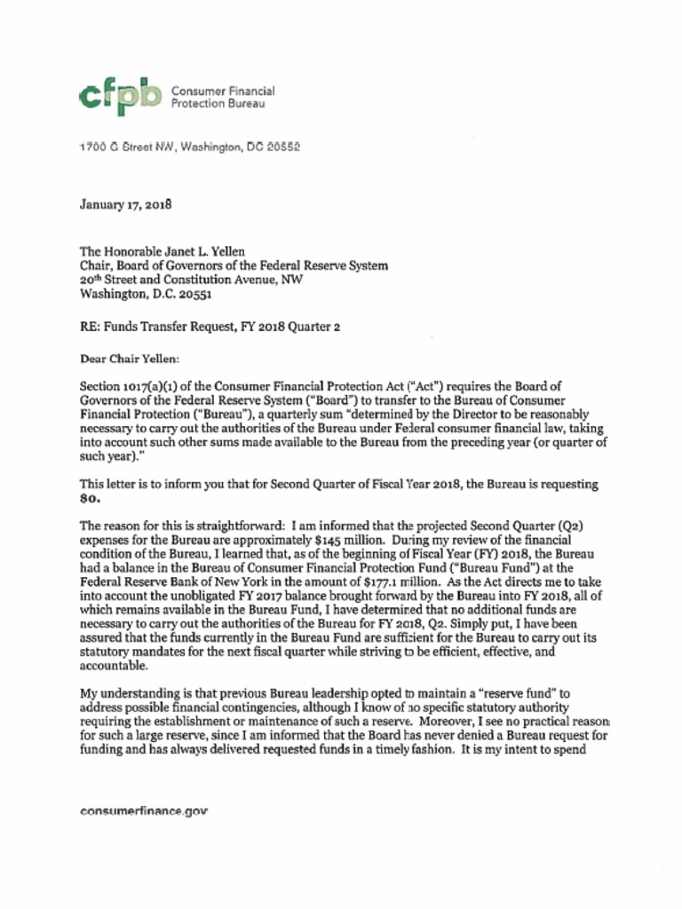 CFPB Letter Requesting Zero Dollars | PDF | Consumer Financial ...