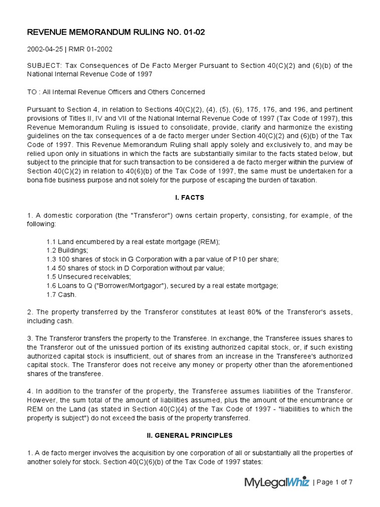 Tax Consequences of a De Facto Merger NonRecognition of Gain or Loss