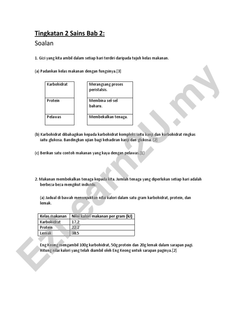 Latihan Sains Tingkatan 2 Bab 3 Nutrisi