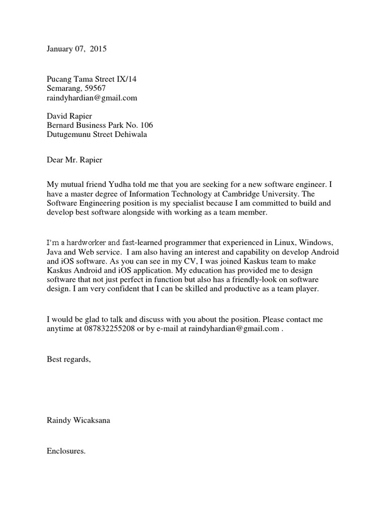Software Engineer Application Letter | PDF