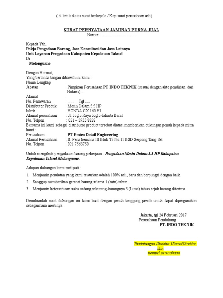 Surat Jaminan Purna Jual Surat PernyataanSertifikat Garansi Barang.