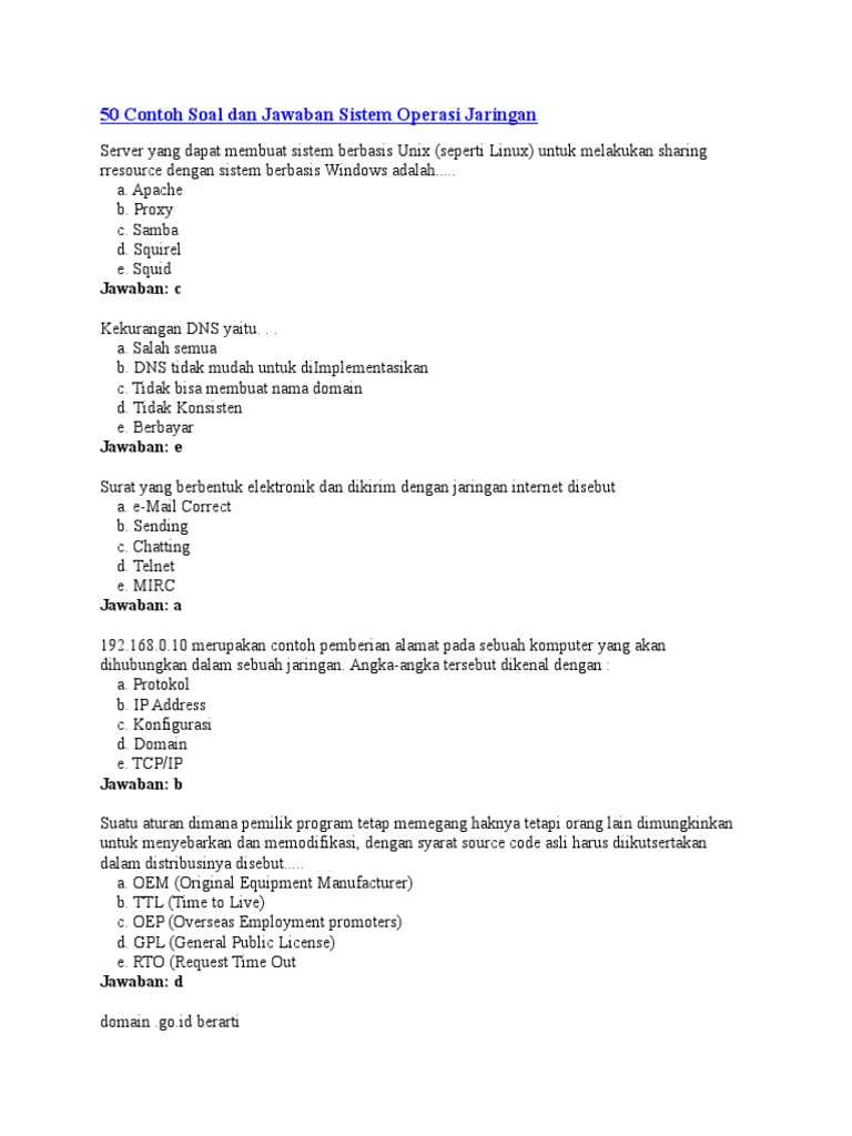 50 Contoh Soal Dan Jawaban Sistem Operasi Jaringan