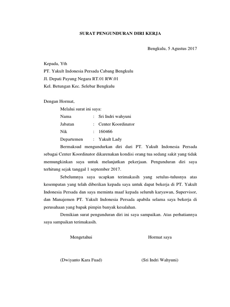 Surat Pengunduran Diri Kerja Pdf