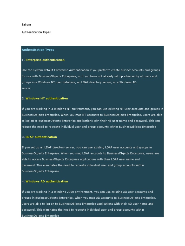 Types of Authentication in BusinessObjects | PDF | Computers