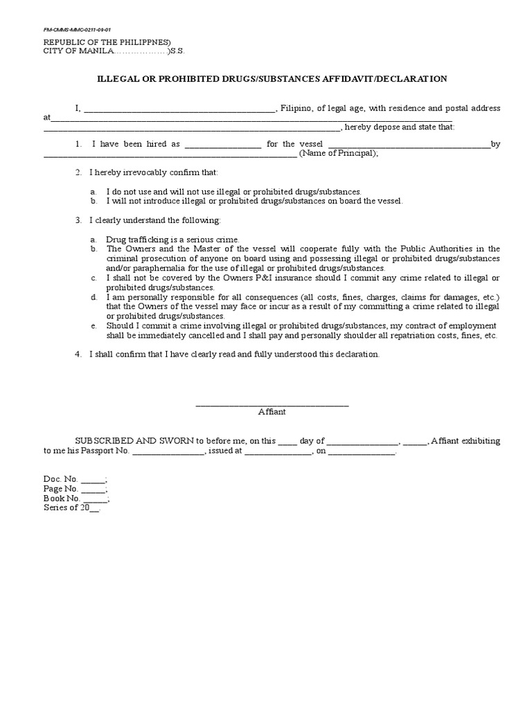 Drug-Free Affidavit for Vessel Employment | PDF | Social Science | Law