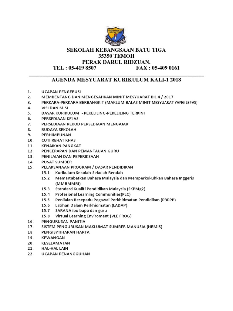 Agenda Mesyuarat Kurikulum Kali Ke 1 2018 Pdf