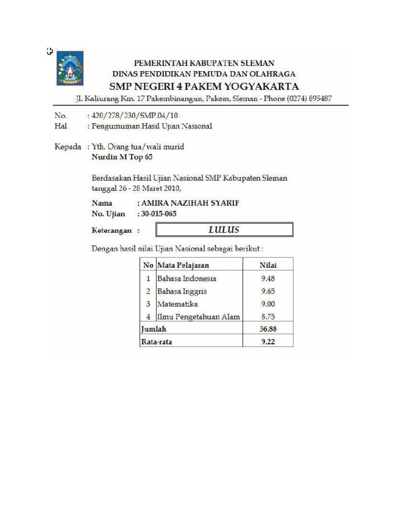 Contoh Laporan Nilai Siswa