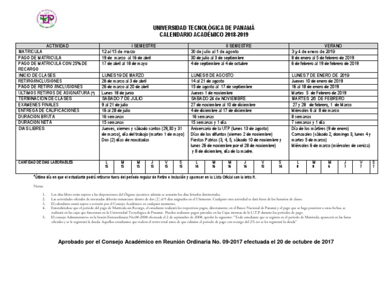 Calendario Académico UTP 2018-2019 | PDF | Calendario