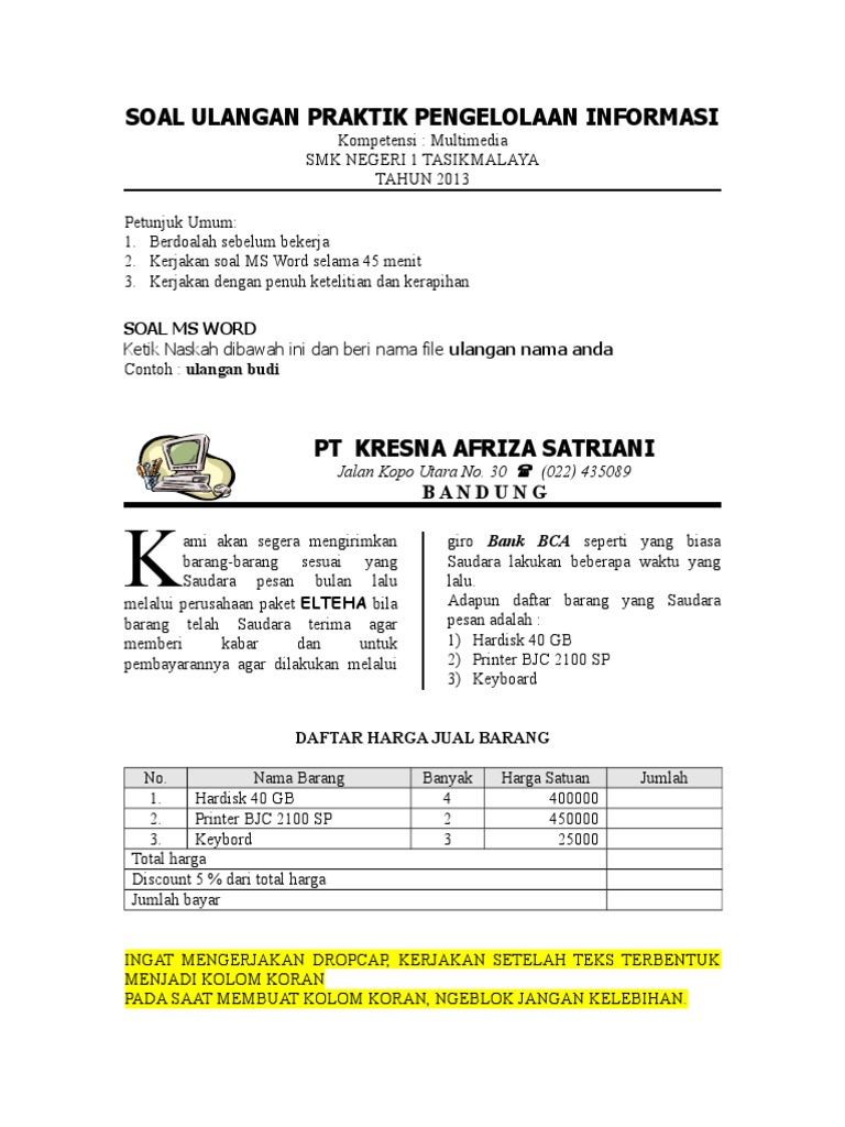 Contoh Soal Praktek Microsoft Word Beserta Caranya - Jawaban Buku