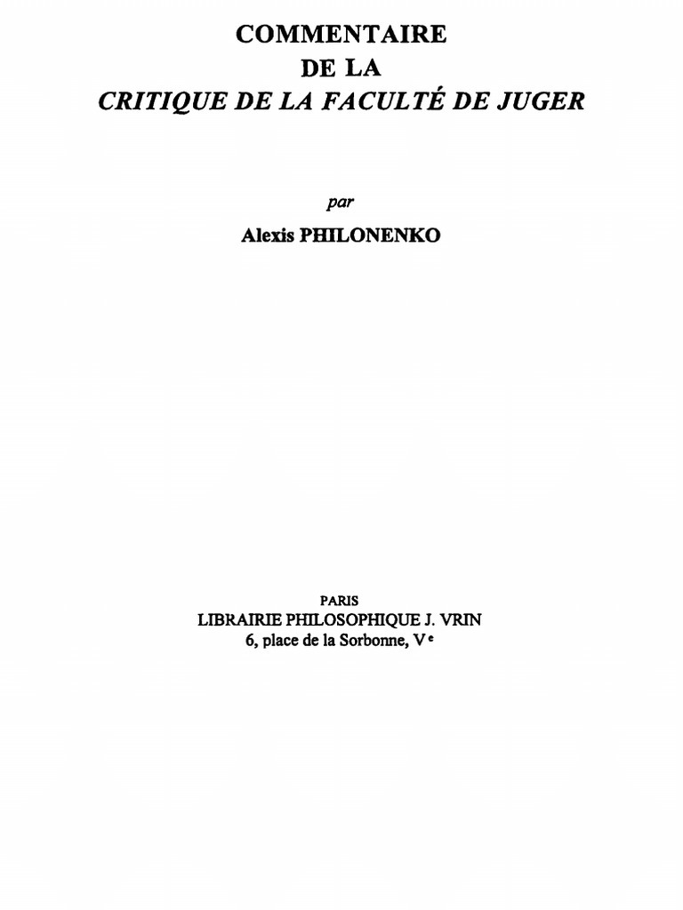 Philonenko Commentaire De La Critique De La Faculte De Juger Critique De La Raison Pure Emmanuel Kant