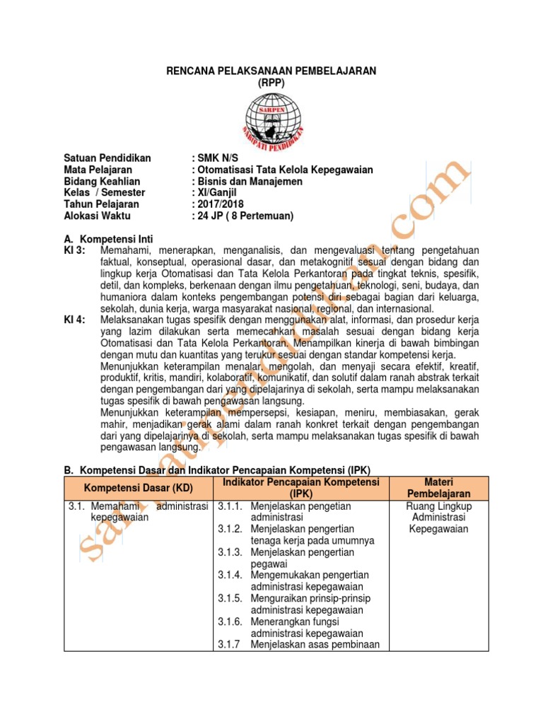 Rpp Administrasi Kepegawaian Kelas Xii Kurikulum 2013 Dunia Sekolah