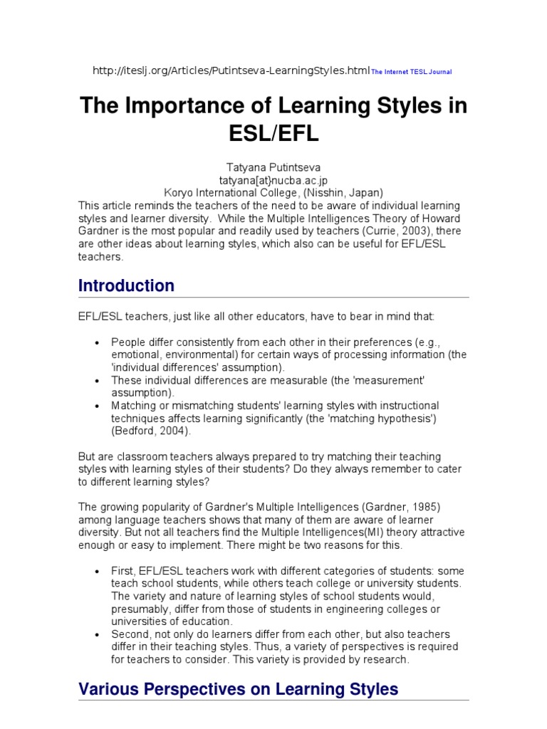 Understanding Learning Styles in ESL/EFL | PDF | Learning Styles ...