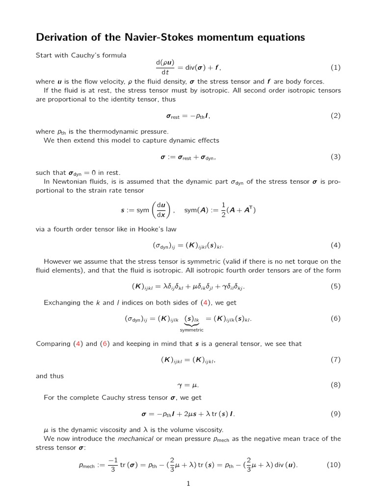 Navier-Stokes Momentum Equation Derivation | PDF | Navier–Stokes ...