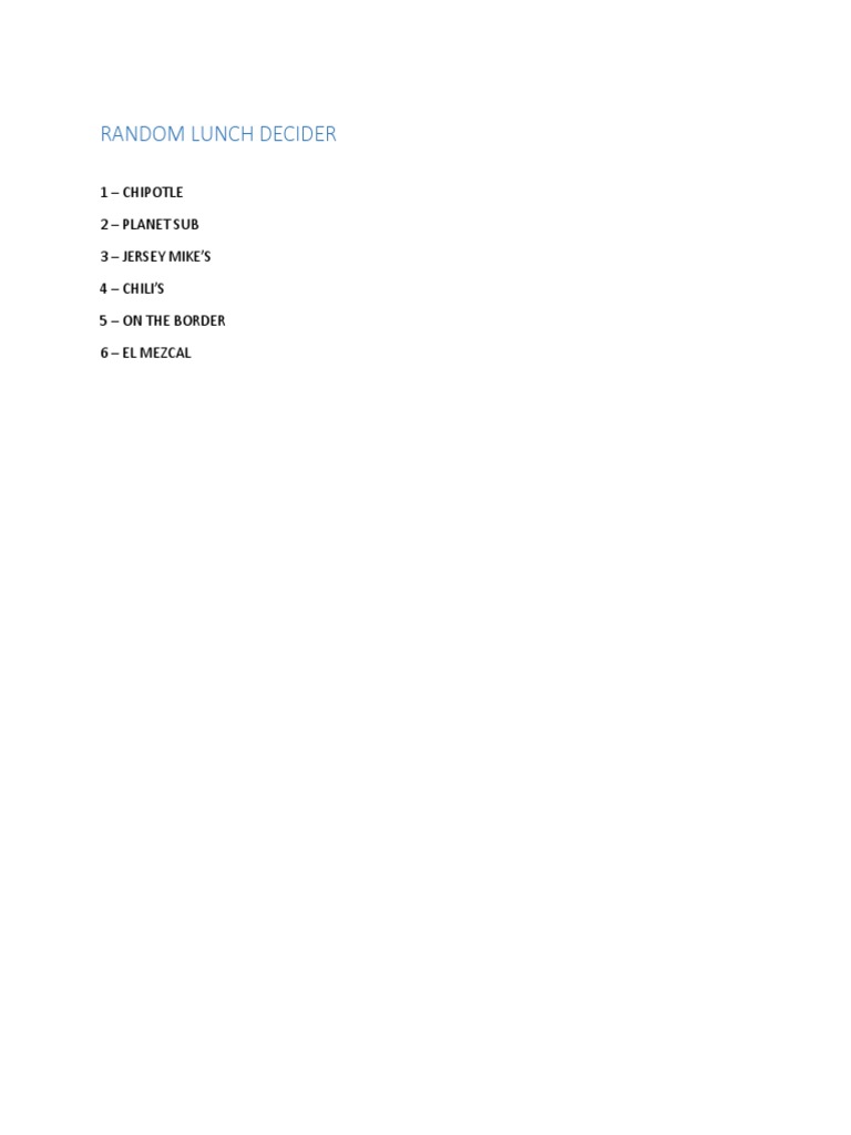 Random Lunch Decider 3 | PDF | Sports & Recreation