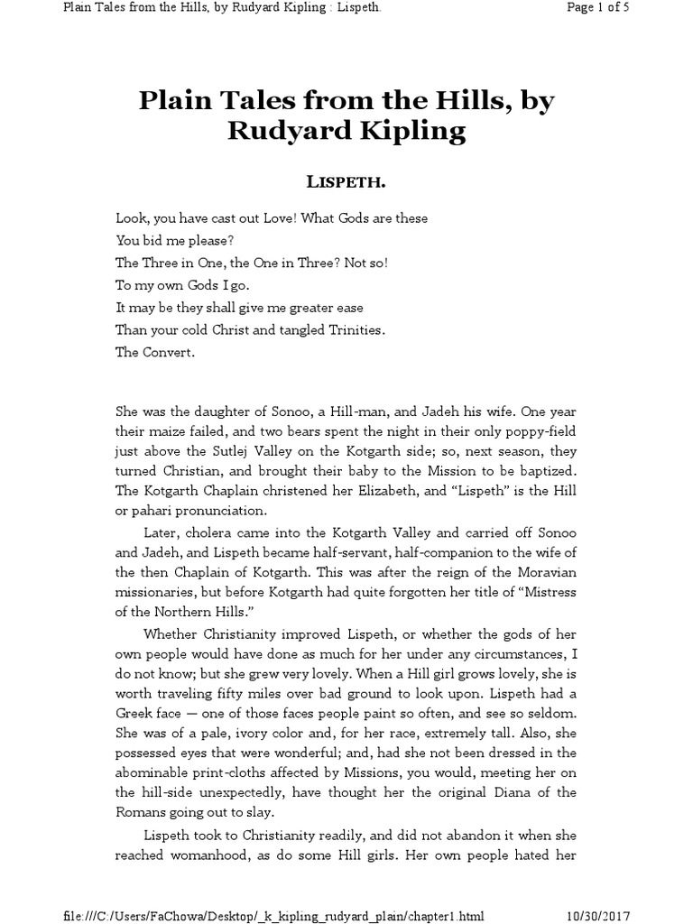 Plain Tales From The Hills by Rudyard Kipling Lispeth. PDF Religion
