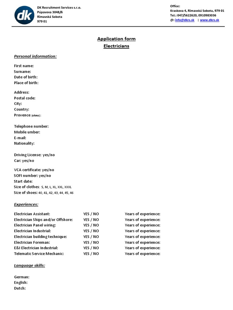 Electrician Job Application Form | PDF