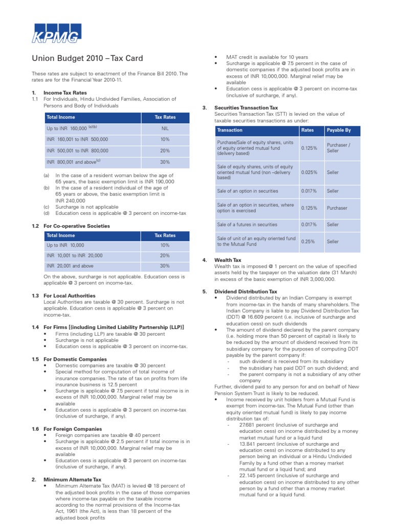 KPMG Tax Rate Card 201011 PDF Capital Gains Tax In The United