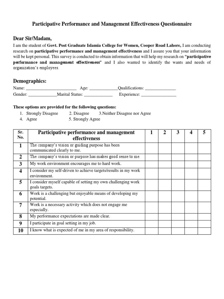 Participative Performance and Management Effectiveness Questionnaire | PDF
