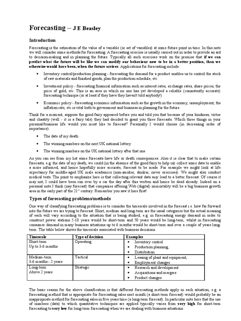 Forecasting-J E Beasley | PDF | Forecasting | Regression Analysis
