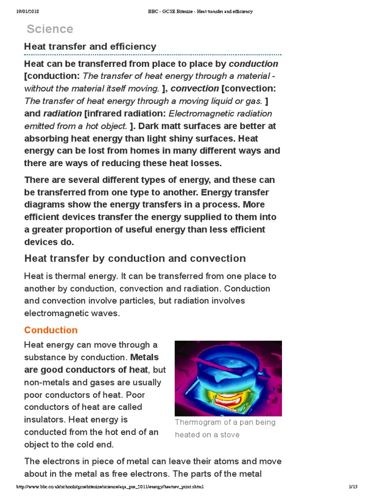 BBC GCSE Bitesize Heat Transfer and Efficiency PDF Heat Transfer Thermal Conduction