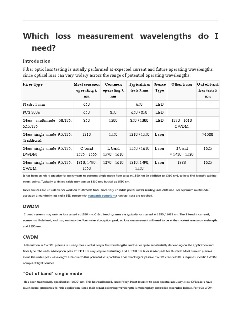 Which Loss Measurement Wavelengths Do I Need PDF Optical Fiber Laser