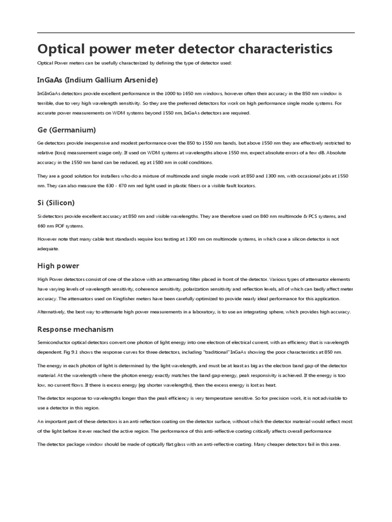 Optical Power Meter Detector Characteristics PDF Calibration Sensor