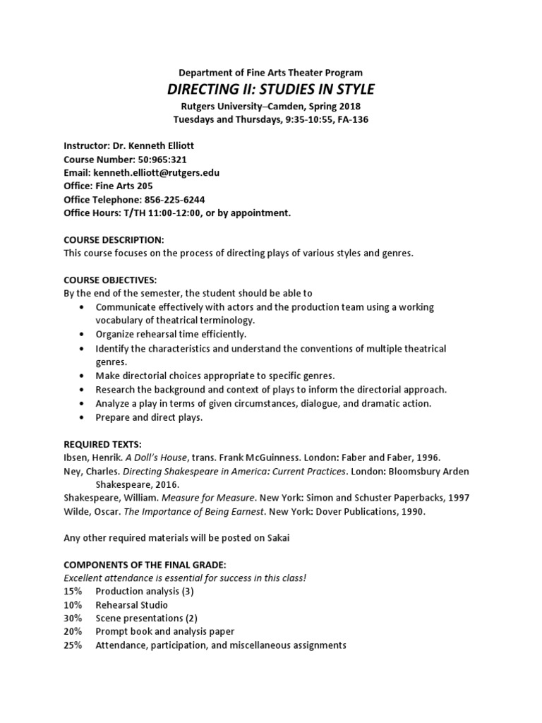 Syllabus Directing II Rev PDF William Shakespeare Genre