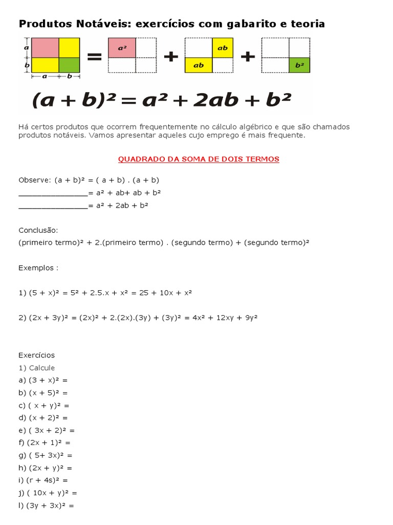 Exercícios de Produtos Notáveis com Gabarito | PDF | Ensino de ...