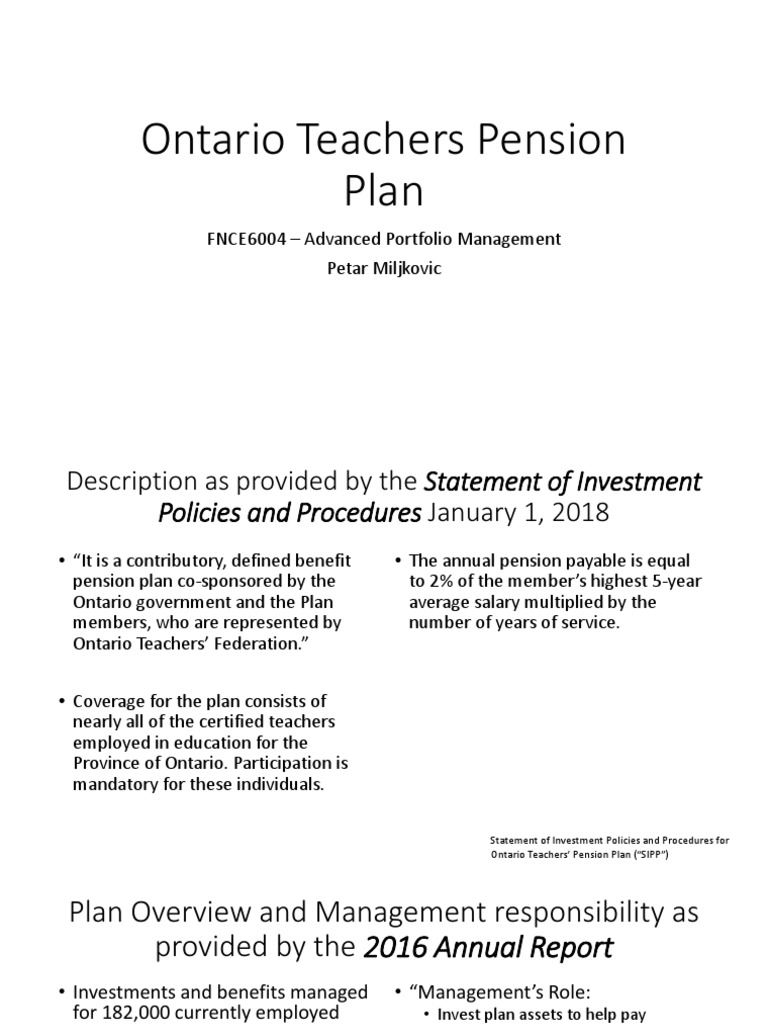 Ontario Teachers Pension Plan Defined Benefit Pension Plan Pension