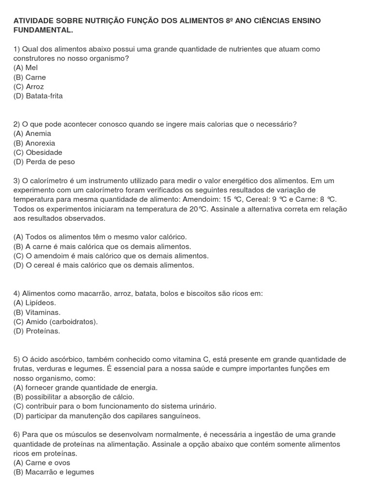 Atividade Sobre Nutrição Função Dos Alimentos 8º Ano Ciências