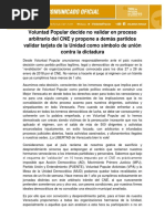 COMUNICADO  VP Anuncia No Validar ante CNE
