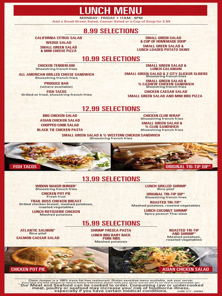 Claim Jumper Pizza Menu Salad Hamburgers
